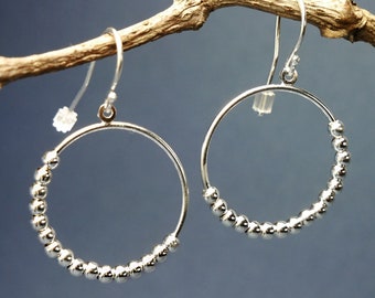 Offset ball hoop earrings in recycled 925 silver, round earrings for women