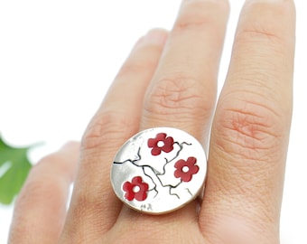Red Cherry Blossom adjustable sterling silver ring