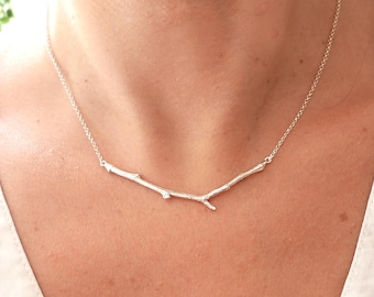 Collier ras de cou ajustable branche EDA en argent massif 925/1000 minimaliste, pendentif nature fin argent 925 fabriqué à la main en France