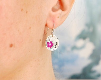 Sterling silver Cherry Blossom hot pink earrings