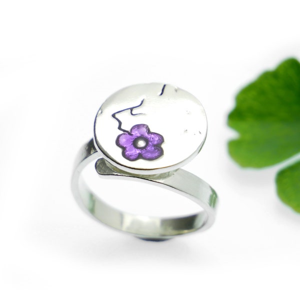 Bague réglable en argent 925 recyclé Fleurs de Cerisier et résine violette, bague Sakura pour femme made in France à la main, bague sakura