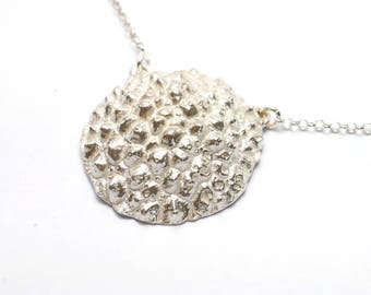 Litchi adjustable 925/1000 silver necklace, vegetable textured pendant for women, handmade in France in 925 silver