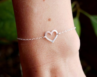 Women's large hollowed-out heart bracelet in minimalist recycled 925 silver for women and children, fine accumulative and adjustable chain