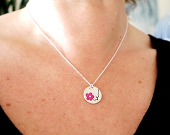 Fuchsia pink Cherry Blossom sterling silver necklace