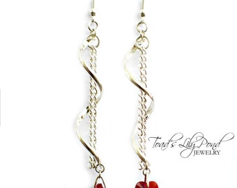 Swarovski Crystal Red Heart Dangle Earrings - Silver Spiral Earrings - Crystal Heart Earrings - Dangle Earrings - Swarovski Heart