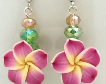 Handmade hawaiian flower plumeria polymer clay earrings - Plumeria flowers - Pink plumeria flower earrings