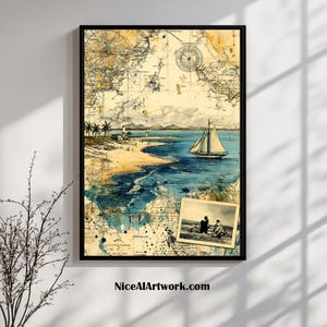 Impression d'art de carte côtière vintage, décoration murale nautique, illustration aquarelle de phare de plage, décoration d'intérieur d'aventure de voyage