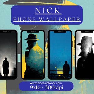 May include: Four phone wallpapers featuring a man in a fedora and trench coat. The wallpapers are in black and white, blue, yellow, and a combination of black and white.