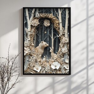 Art boisé sur papier imprimable - scène de forêt complexe avec ours et lapin, illustration sur papier découpé inspirée de la nature, impression numérique rustique