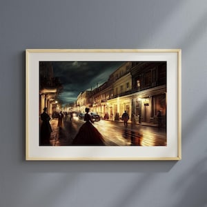 Victorian Mystery Printable - Dark Rainy London Street Scene, Gaslight Noir Aesthetic, Gothic Historical Wall Art, Digital Download