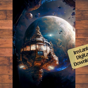 Space Station Ai Art:sci-fi art print, illustration, digital space painting, wall art, midjourney ai art