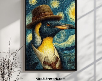 Dapper Penguin Portrait Art Print: Whimsical Animal in Starry Night Style (Digital Download)