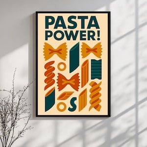 Retro Pasta Wall Art Print – “PASTA POWER!” Mid-Century Modern Kitchen Decor | Italian Food Poster | Digital Download