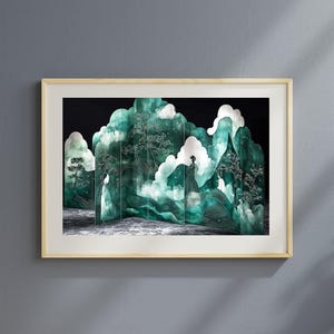 Afdrukbare bergscène - serene Chinese inktschilderij, elegante vrouwen in de natuur, zen-muurkunst, rustig Aziatisch decor, digitale print 226