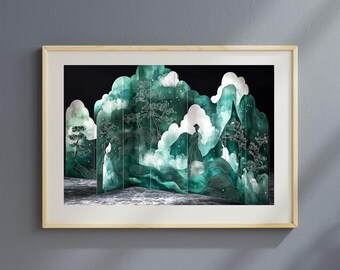 Impresión artística de una escena de montaña brumosa: pintura en tinta china (impresión digital)