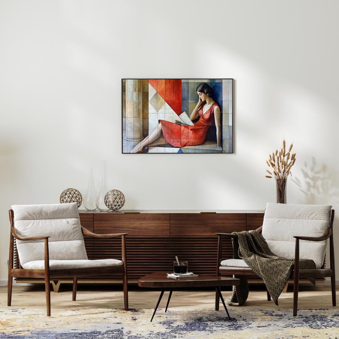 Woman Reading Art Print: Cubist Modern Red Dress (digital Download) - Etsy
