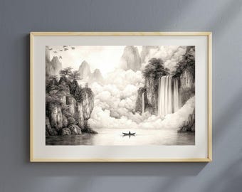 Ink Wash Mountain River-print: Aziatische landschapsmuurkunst (digitale print)