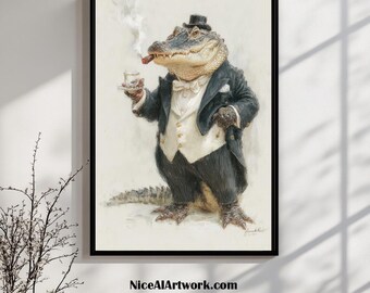 Vintage Alligator Smoking Cigar Art, Reptile Print (Digital Download)