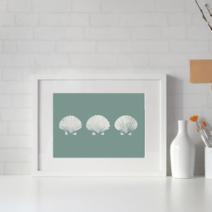 May include: A framed print of three white seashells on a teal background. The seashells are arranged in a row, with the centre shell slightly higher than the two on the sides.