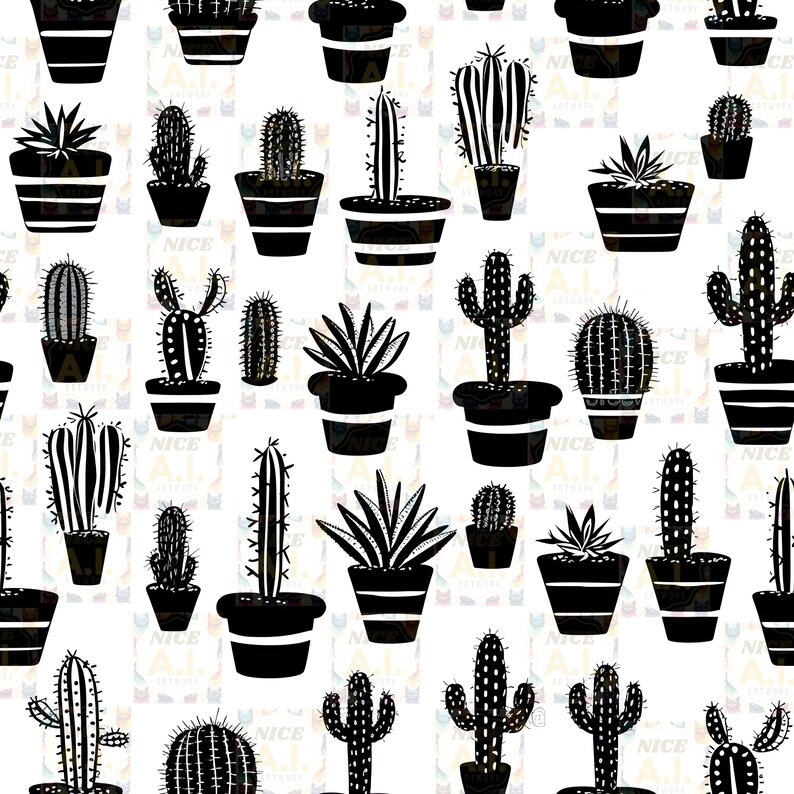 Cactus Seamless Pattern Pack, Black and White Cactus Background ...