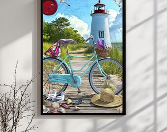 Seaside Lighthouse Bicycle Print: nautische strandpromenadekunst (digitale download)