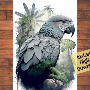 Parrot Digital Art Print - African Gray Parrot Painting, Parrot Lover Gifts, Colorful Parrot Decor, Digital Parrot Illustration Wall Art