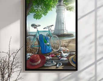 Coastal Lighthouse Art Print: vintage fietsscène aan zee (digitale download)