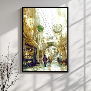 Printable Futuristic Alleyway Art - Cyberpunk Market Scene, Abstract Urban Fantasy, Sci-Fi Street Life, Digital Wall Art Download