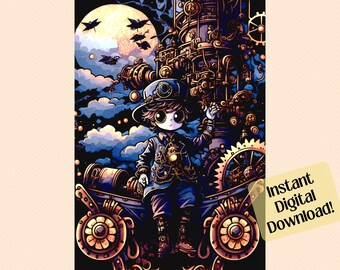 Steampunk Kid Art Print, Industrial Decor (Digital Download)