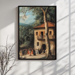 Printable Vintage European Village Scene - Rustic Countryside Home, Elegant 18th Century Gathering, Classic Landscape Painting, Digital Art