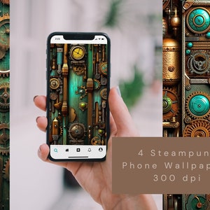 May include: A smartphone displays a steampunk-themed wallpaper with gears, gauges, and metallic textures in shades of bronze, teal, and gold. The phone is held in a hand, with a wooden panel and more steampunk designs on either side. The image includes the text "4 Steampunk Phone Wallpapers 300 dpi."