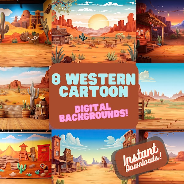 Old West Cartoon Digital Background, Vintage Western Street Party Backdrops, Photo Backdrops,Photography Digital Background