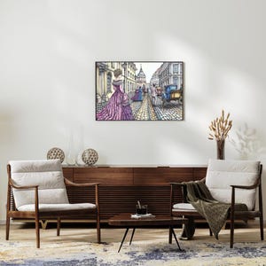 Victorian London Street Art Print: Stylish Woman, Vintage City Scene (Digital Download)
