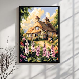 Tryck av engelsk stugaträdgård: Hus med halmtak, vintageblommor (digital nedladdning)