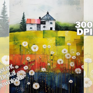 Peut inclure: Une peinture représentant une maison blanche avec un toit rose dans un champ de fleurs blanches. La maison est située sur un fond de verdure et d'un ciel nuageux. La peinture est réalisée dans un style coloré et abstrait.