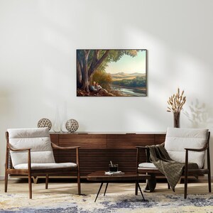 Idyllische Bauernhaus-Landschaft zum Ausdrucken - Vintage-Stil Landszene, friedliche ländliche Kunst, antikes ästhetisches Wand-Deko