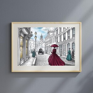 Victorian City Printable: 19th Century Woman, Cobblestone Street (Digital Download)