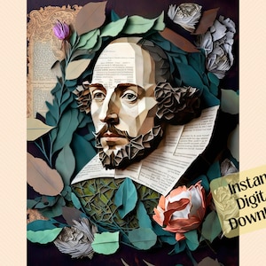 William Shakespeare Portrait A.I. Art, printable wall art, book lovers, gift for writers, digital paper collage