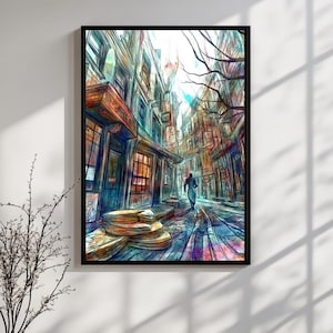 Cyberpunk Street Scene Printable - Sci-Fi Market Alley, Futuristic City Vibes, Abstract Digital Painting, Urban Wall Art Download