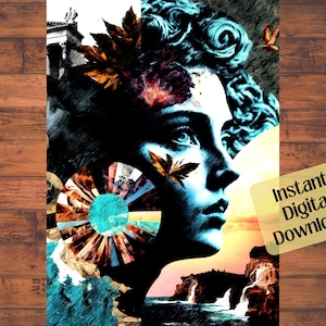 Blue Girl Surreal Collage Art Print: Retro Modern Home Decor (Digital Download)
