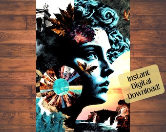 Blue Girl Surreal Collage Art Print: Retro Modern Home Decor (Digital Download)