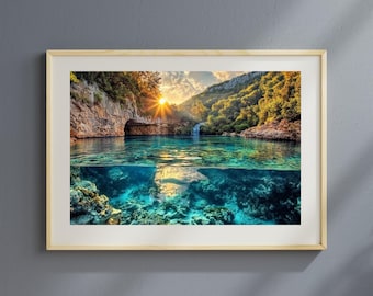 Tropical Ocean Art Print: Coral Reef, Sunset Waterfall (Digital Download)
