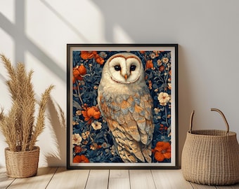 Vintage Barn Owl Floral Art Print: Boho Woodland Decor (Digital Download)