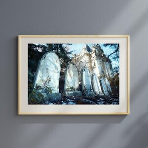 Gothic Graveyard Scene Printable - Eerie Old Cemetery with Mossy Headstones, Historic Haunted Churchyard Art, Halloween Wall Decor