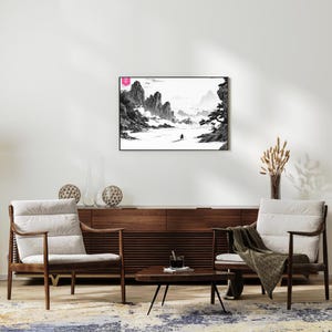 Paesaggio asiatico sereno stampabile - Scena di montagna e acqua disegnata a mano, estetica zen pacifica, arte classica con inchiostro lavato, stampa digitale