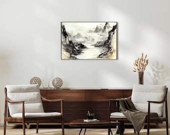 Könnte beinhalten: Ein Schwarzweiß-Aquarellbild einer Bergkette mit einem Fluss, der durch sie fließt. Das Bild ist gerahmt und hängt an einer weißen Wand.