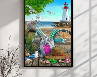 Vintage Coastal Lighthouse Bike Art Print: strandtafereel (digitale download)