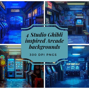 May include: Four digital illustrations of Studio Ghibli-inspired arcade backgrounds. The images depict retro arcade game machines in a blue-lit setting. The text on the image reads "4 Studio Ghibli inspired Arcade backgrounds 300 DPI PNGs."