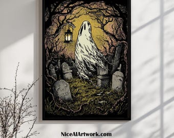 Haunting Ghost Graveyard Art: Spooky Halloween Cemetery Scene (Digital Download)