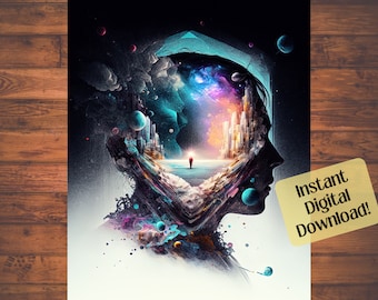 Retrato artístico surrealista con IA: Fantasía espacial ecléctica (Descarga digital)